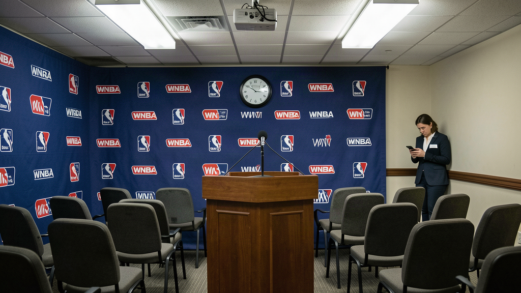 Empty WNBA press conference room demonstrating the league's commitment to careful, unrushed deliberation