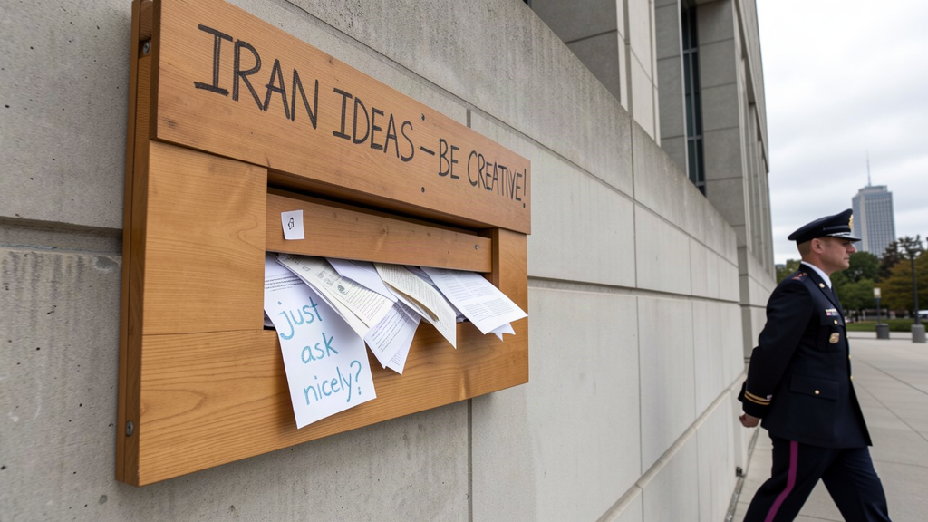 Suggestion box labeled 'Iran Ideas' mounted outside Pentagon with papers spilling out