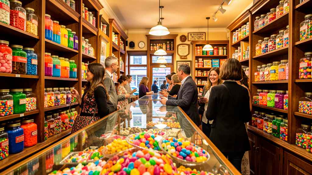 Brightly lit New York candy store interior with rainbow-colored jars of sweets and customers browsing
