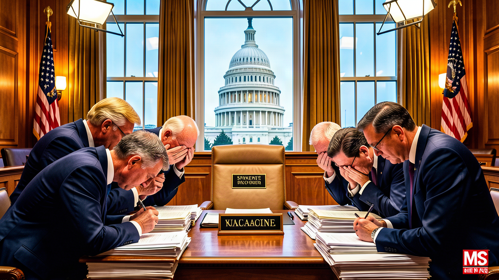 Senate committee hearing room with an empty chair labeled for the nominee and senators huddling over papers