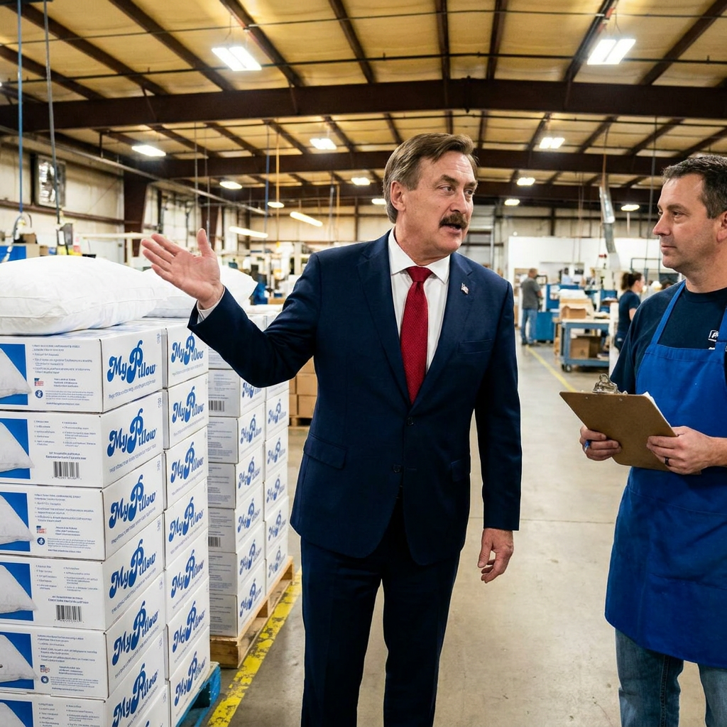 Mike Lindell in a suit standing in a factory aisle lined with stacks of pillows, gesturing confidently