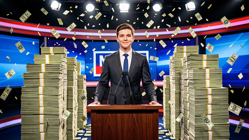 Young doctor in a suit at a campaign podium surrounded by piles of cash
