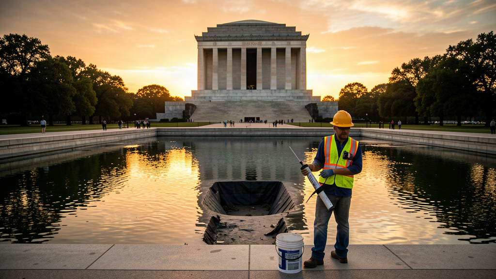 Drained Lincoln Memorial Reflecting Pool with a contractor standing in the empty basin holding a caulk gun
