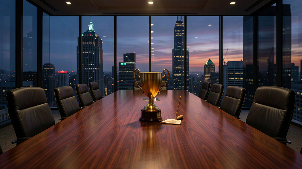 Empty luxury boardroom with a golden trophy at the head of a long table and a for-sale auction paddle