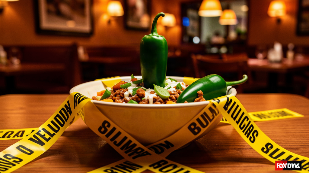 A burrito bowl on a table with one jalapeño pepper standing upright surrounded by caution tape