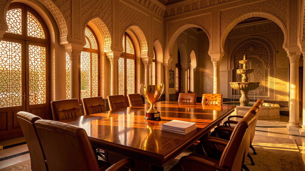 An ornate Moroccan hotel conference room with a golden trophy and a stack of apology letters on the table