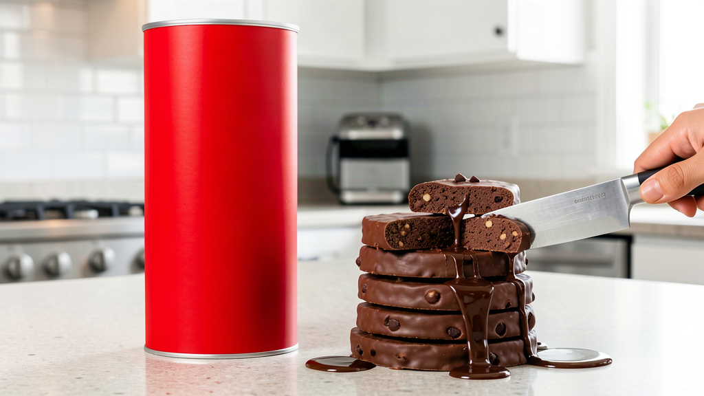 A red chip canister with a stack of chocolate-covered disks being sliced with a chef knife on a kitchen counter