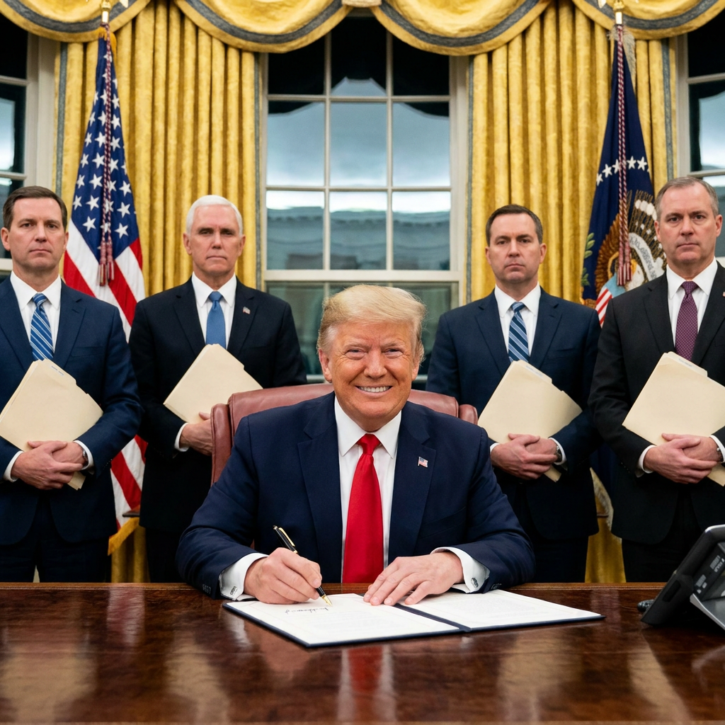 President Trump at the Resolute Desk signing executive orders while officials hold a stack of documents labeled with American flags