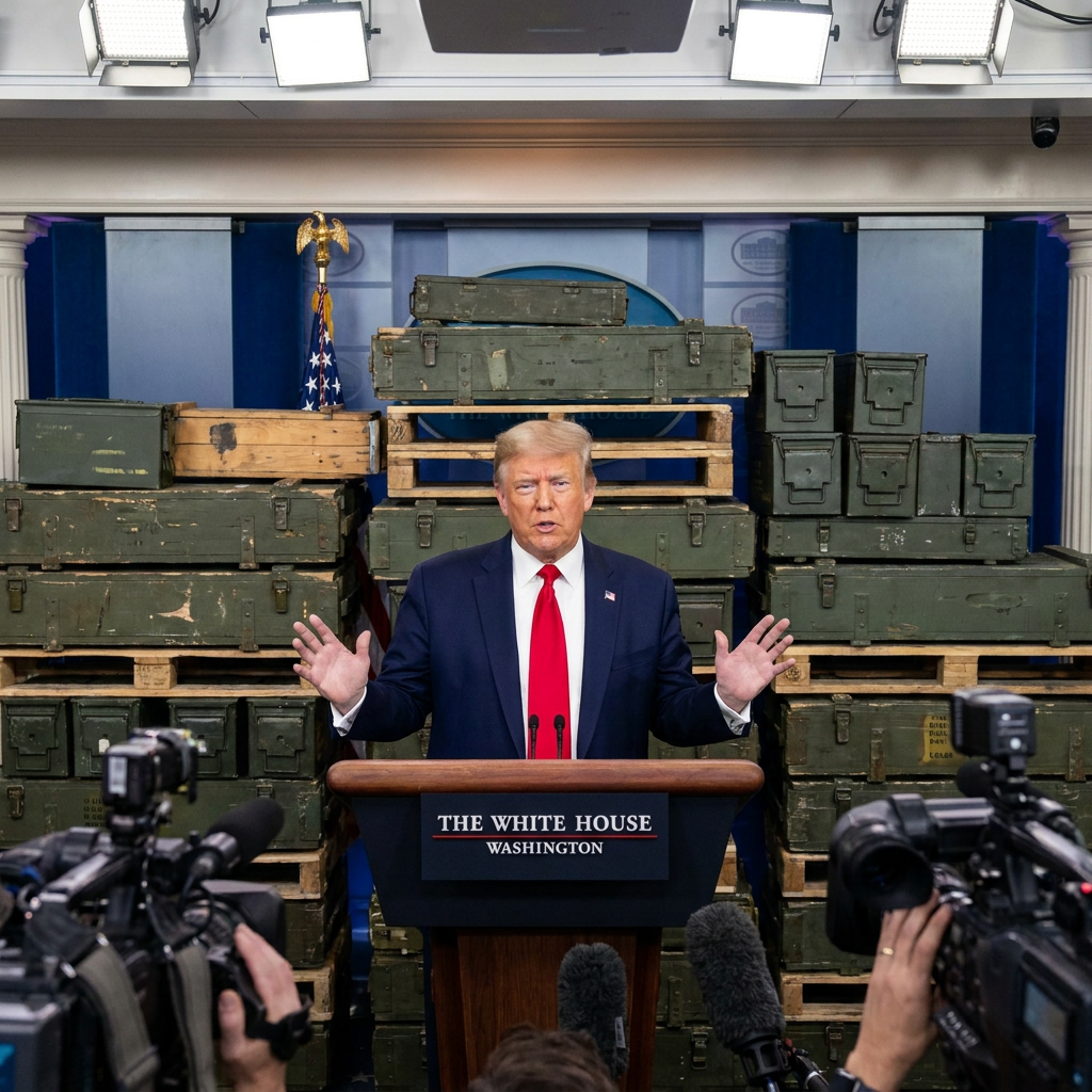 President Trump at a White House podium gesturing confidently with military munitions crates stacked behind him