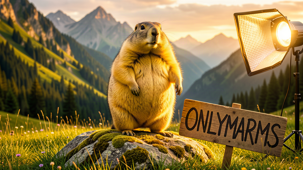 A chubby marmot standing on a rock beside a studio light and an ONLYMARMS wooden sign in an alpine meadow