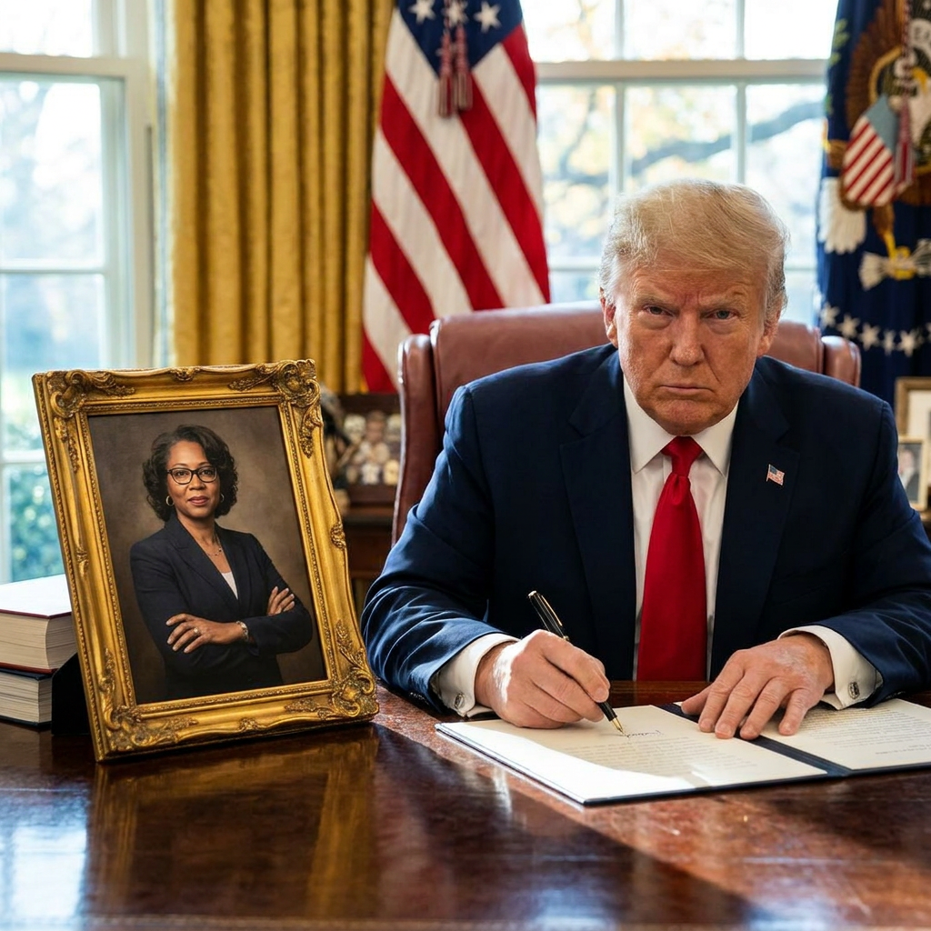 President Trump at the Resolute Desk signing a letter while a framed portrait of an economist sits on the desk