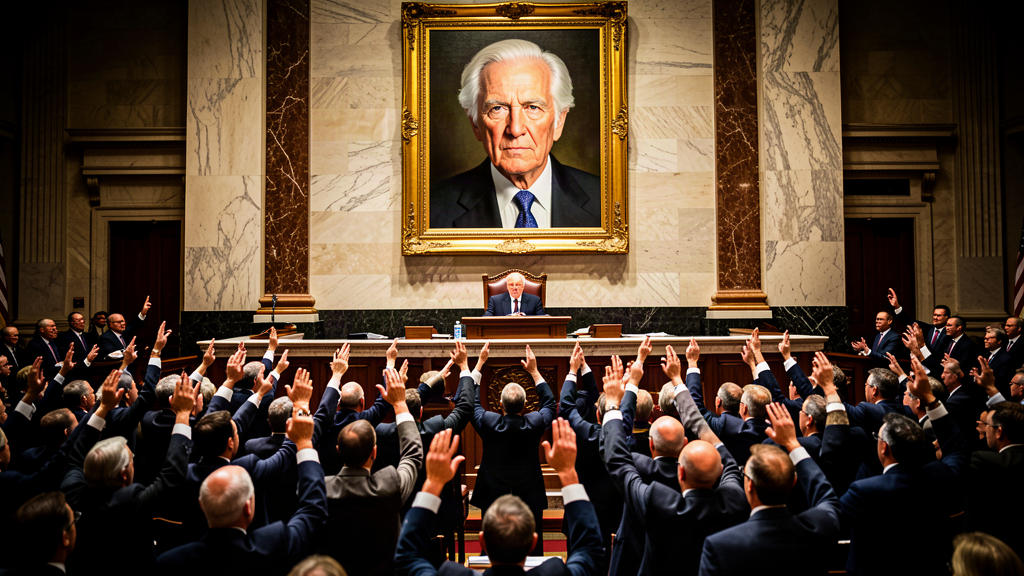 The U.S. Senate chamber with senators voting with raised hands beneath a large gilded portrait on the marble wall