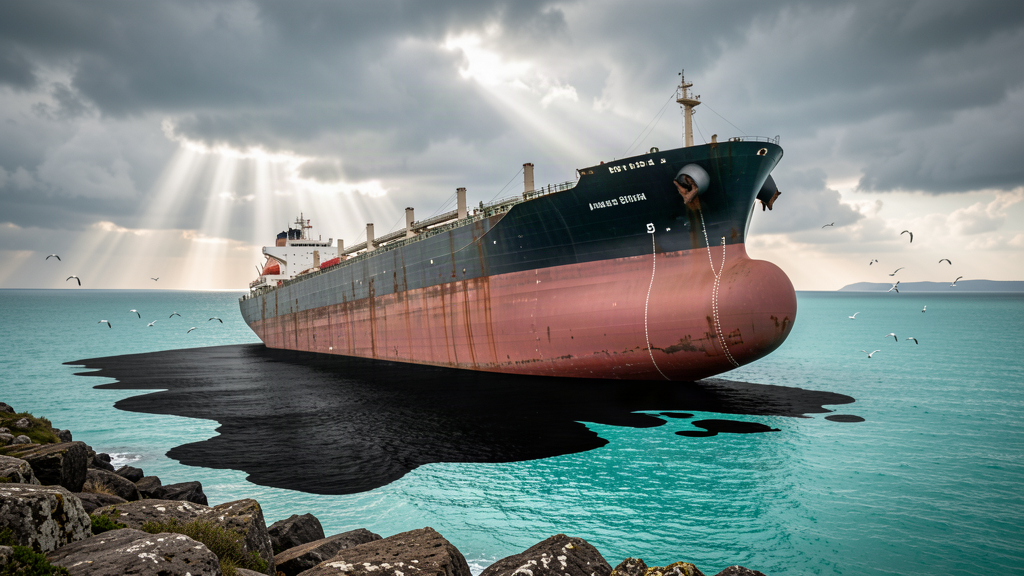 A large oil tanker listing heavily in calm blue water with a dark oil slick spreading around it