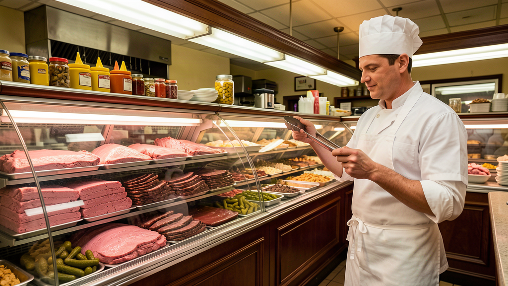 A deli counter with a towering stack of corned beef and pastrami behind glass, a deli worker holding tongs