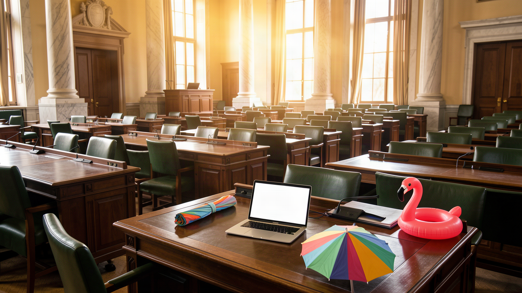 An empty Senate chamber with a single senator's desk holding a laptop displaying a bitcoin symbol and a beach umbrella