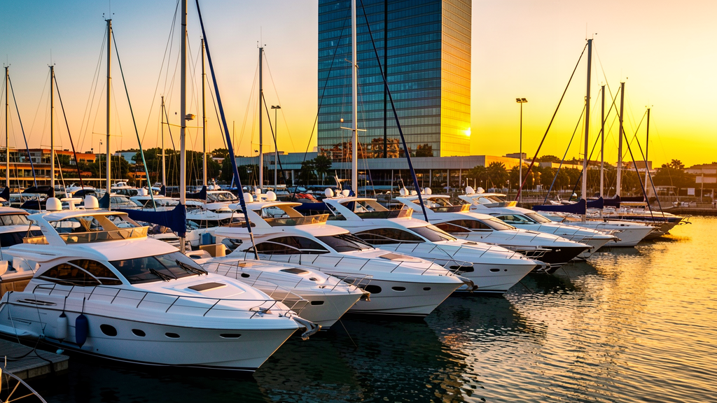 Rows of gleaming white boats at a marina with a modern office tower looming behind the masts