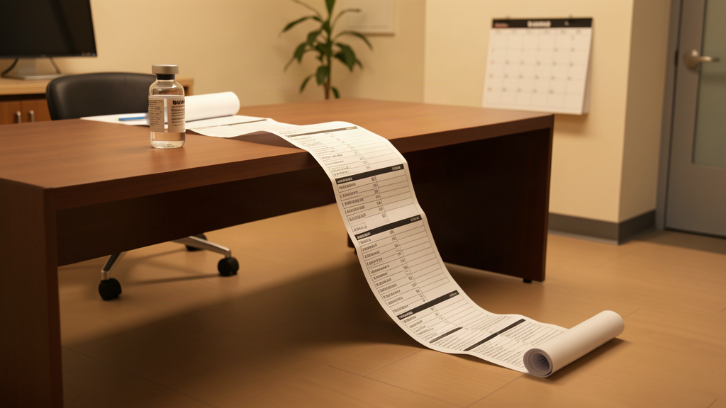 A doctor's desk with a single vaccine vial and an impossibly long paper schedule unrolling across the floor