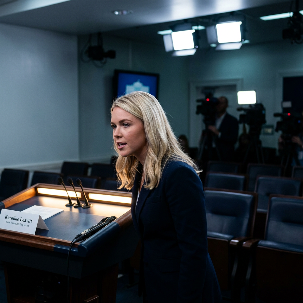 A woman at a White House briefing room podium with a row of microphones under bright lights, the room dim and mostly empty before her