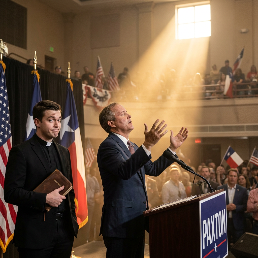 Ken Paxton raising his hands skyward as a divine spotlight beams down on a Texas campaign stage