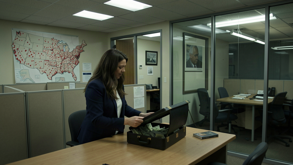 A drab nonprofit office where a woman in a blazer hands a briefcase of cash across a conference table