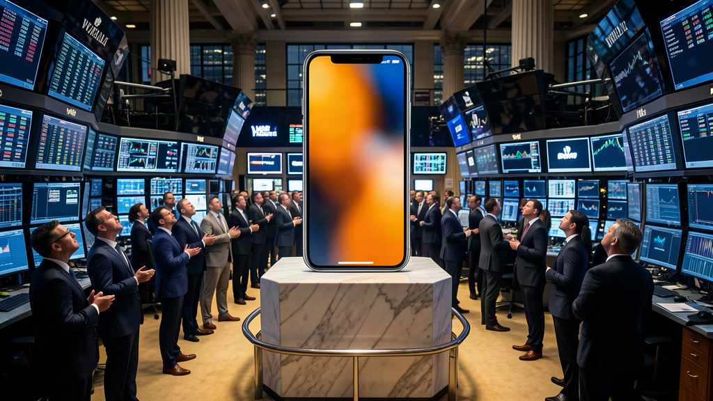 A Wall Street trading floor at night where traders gaze up at a giant glowing smartphone on a pedestal