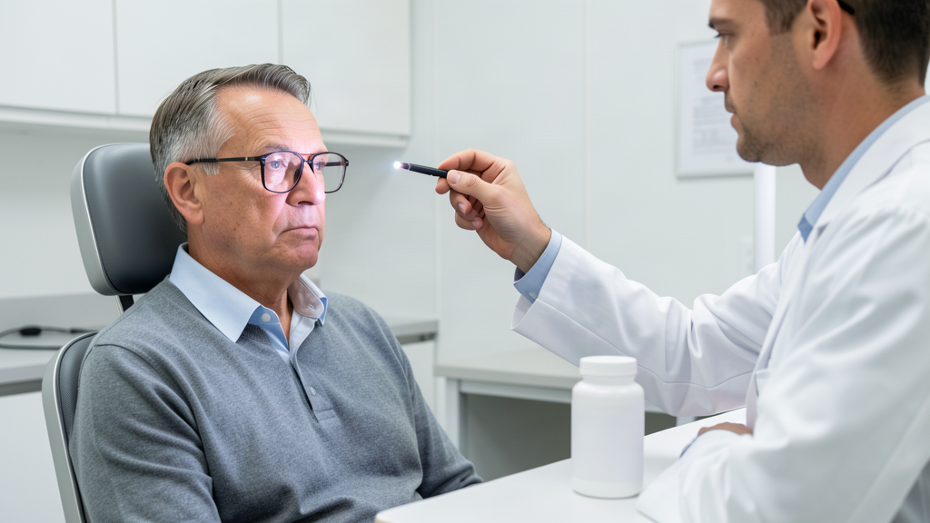 A middle-aged man in an optometrist's chair wearing trial-frame glasses while a doctor shines a penlight, with a blank pill bottle on the counter
