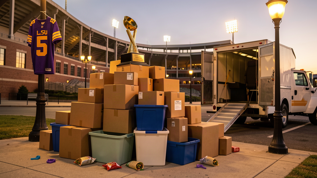 A towering stack of moving boxes outside Tiger Stadium, a Heisman Trophy balanced on top