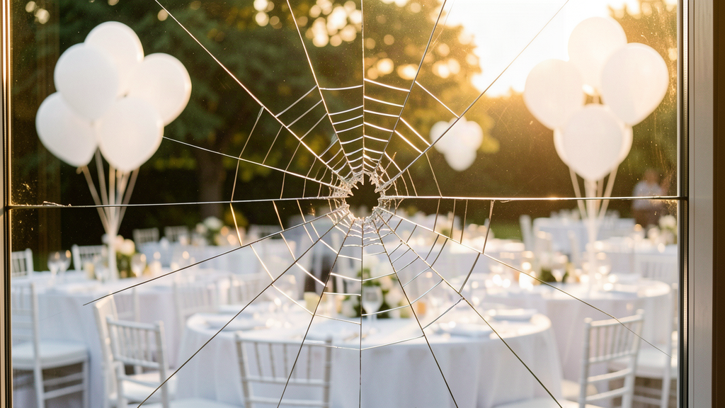 A glass window with a large spiderweb crack at a white-themed celebrity party