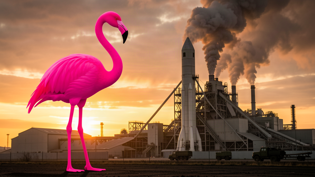 A giant pink flamingo silhouette standing in front of a burning rocket factory at dawn