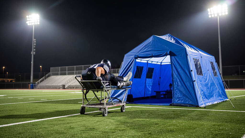 An injured football safety is carried off the field toward a blue medical tent under stadium lights
