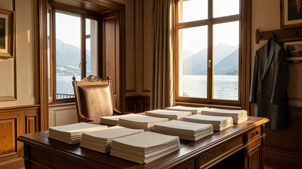 An empty presidential office with the chair pushed back and a desk covered in papers, a window overlooking a lake and mountains, a single coat still on a hook