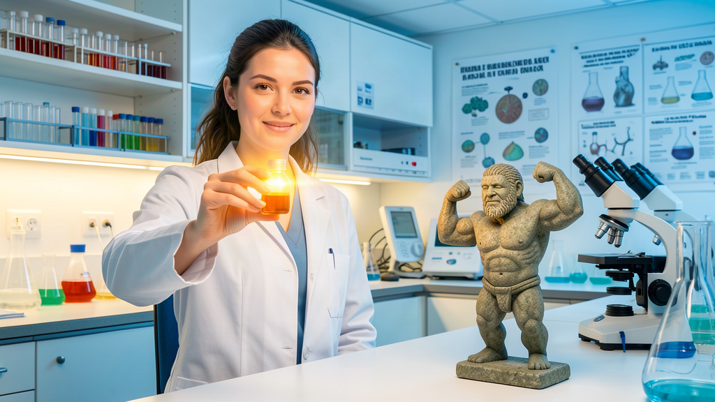 A laboratory where a researcher holds up a glowing vial beside a small statue of a stocky prehistoric figure flexing