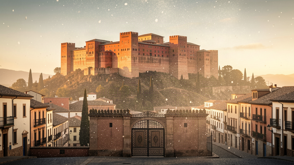 The red palace of the Alhambra on a hill above Granada, Spain, with a fine line of dust falling from the sky and a single closed gate in the foreground
