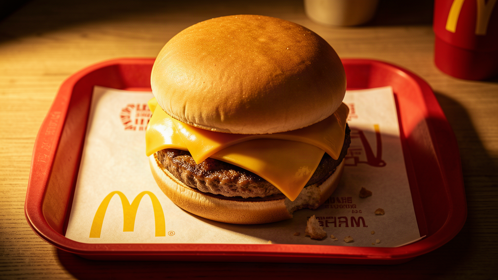 A large double-patty burger on a tray with a bitten corner