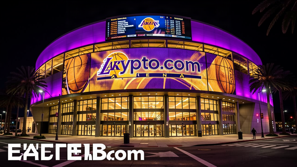 The exterior of Crypto.com Arena at night with a scoreboard visible