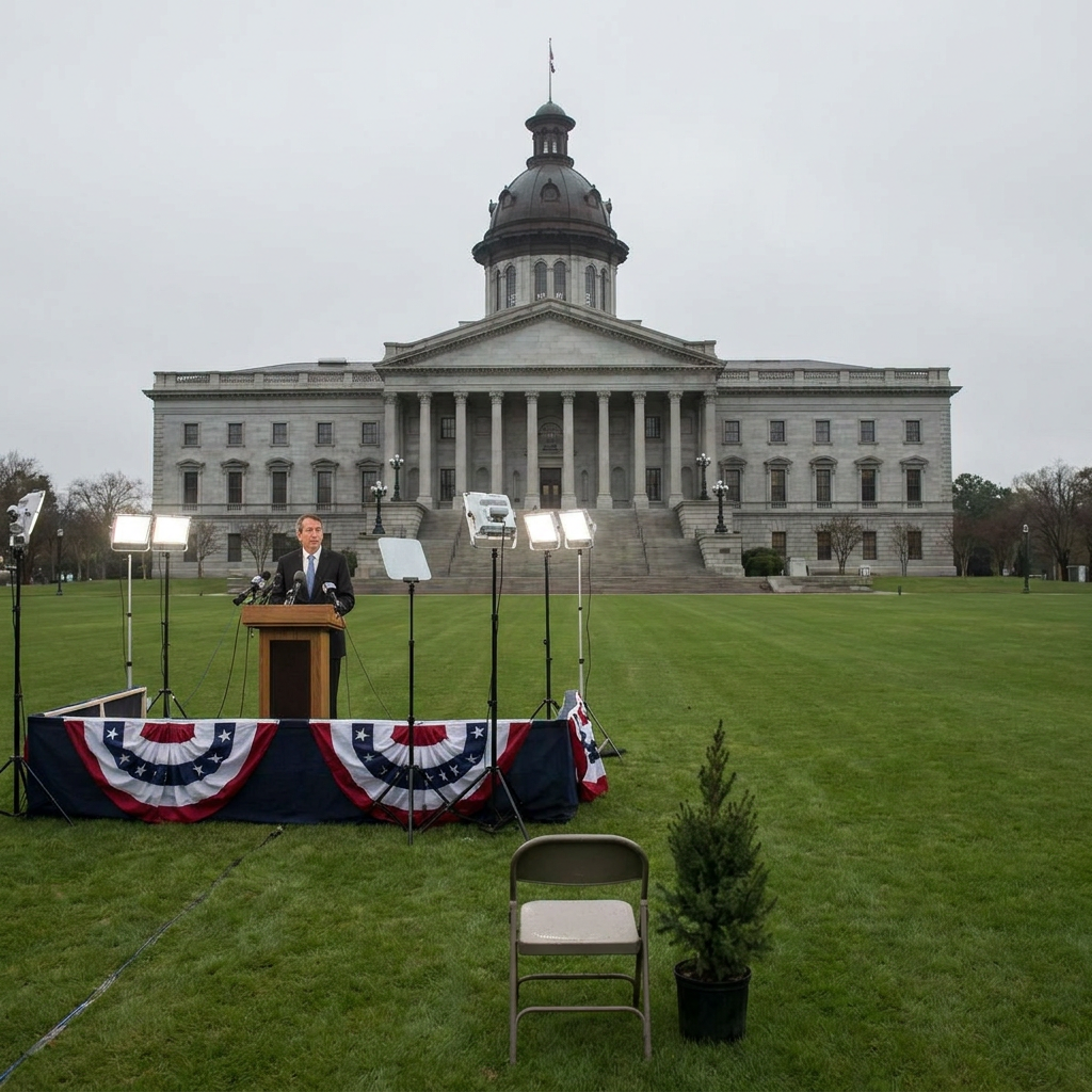 A South Carolina capitol press podium with an unspecified endorsement form on it