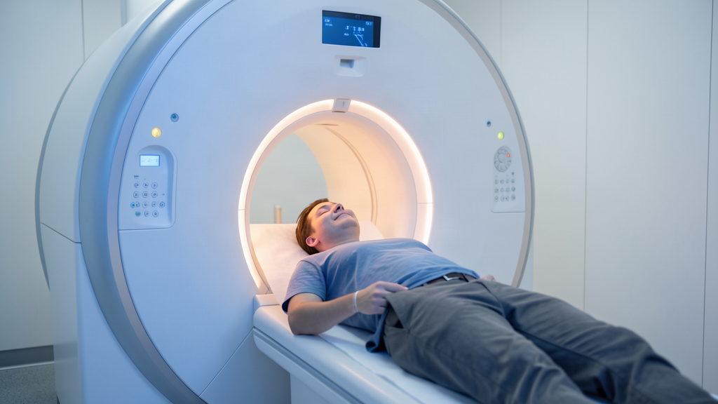 A relaxed person with eyes closed lying inside an open MRI scanner bathed in soft blue light