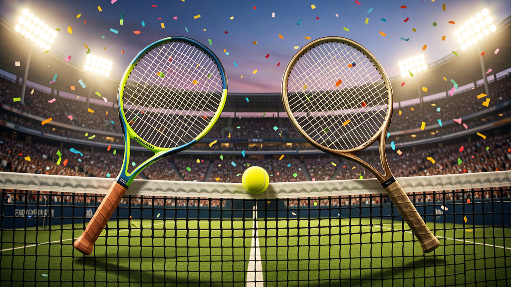 Two tennis rackets crossed over a net with a single ball balanced on the tape, stadium lights behind