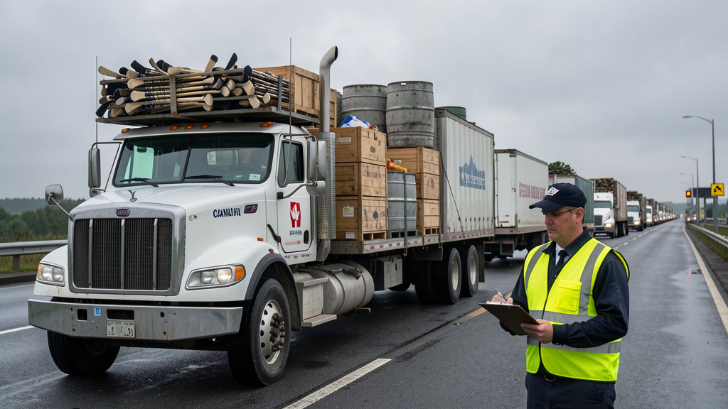 A line of Canadian cargo trucks at the border, one loaded with hockey sticks and crates of maple syrup