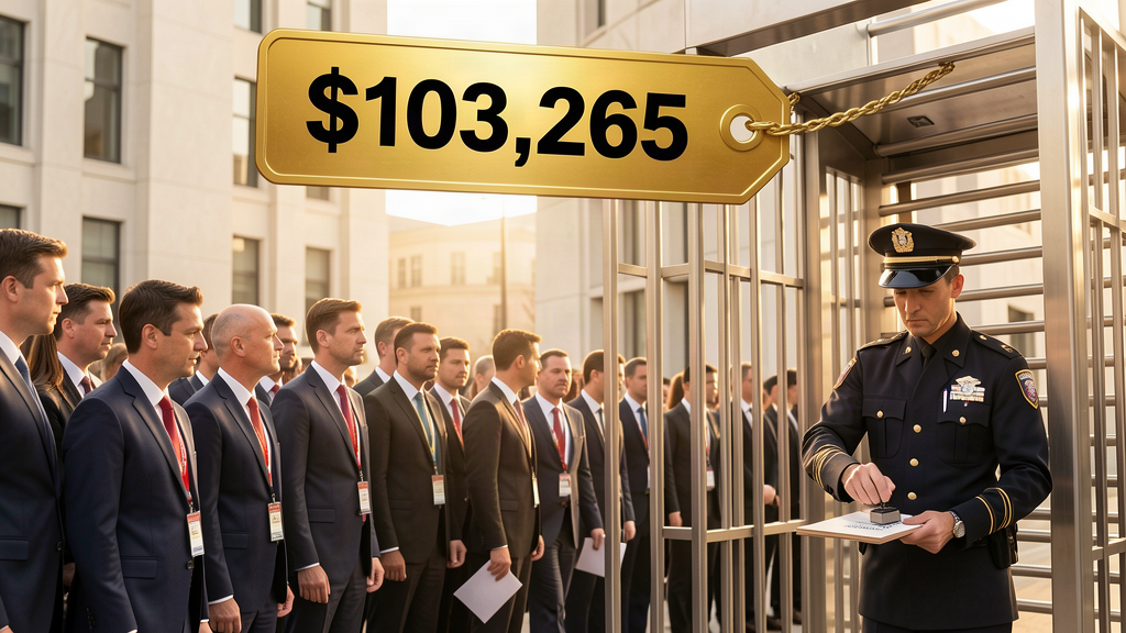 Business people queuing at a government gate beneath a giant $103,265 price tag