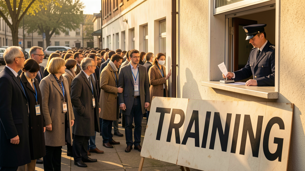 A long line of applicants at a consular window beneath a giant training sign