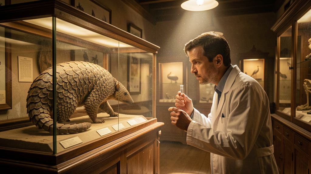 A taxidermy pangolin on a museum shelf under a glass case, a scientist in a white coat examining a DNA tube beside it