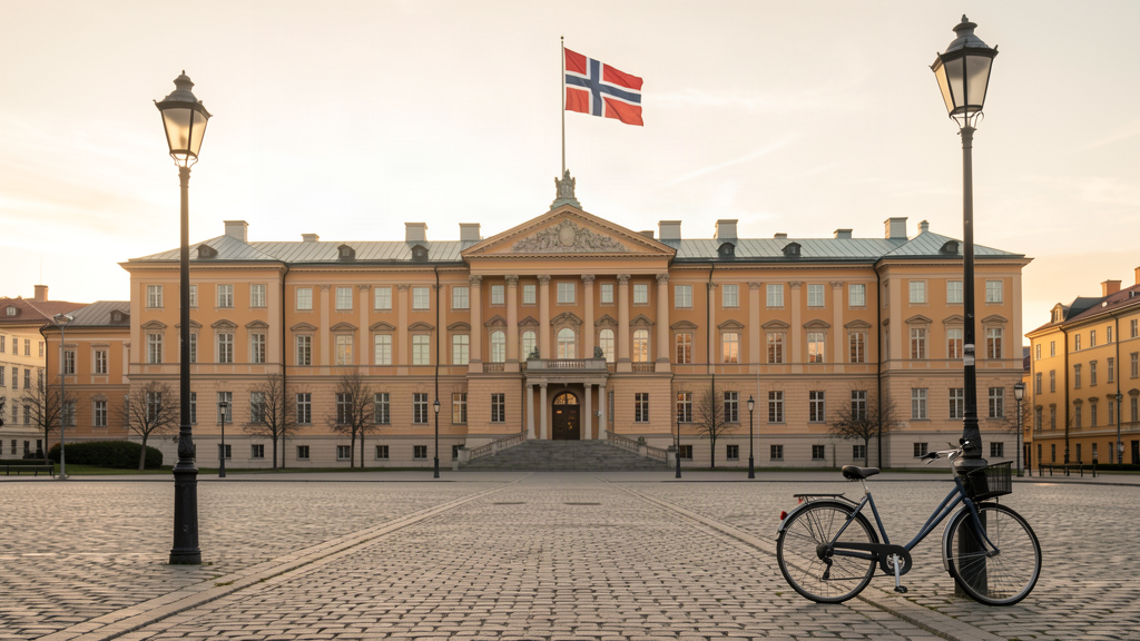 The royal palace in Oslo at dawn with the flag at half staff, a quiet street in front