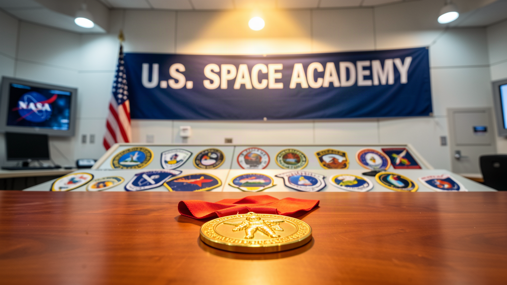 A gold astronaut medal on a ribbon resting on a podium beside a banner reading U.S. Space Academy