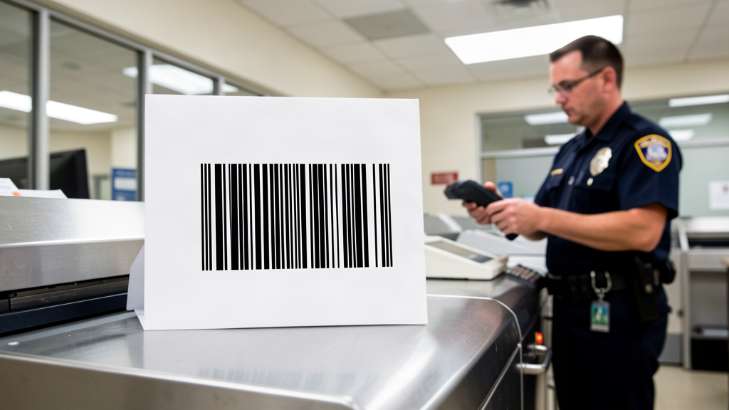 A mail ballot in a white envelope with a bold black barcode, resting on a sorting machine
