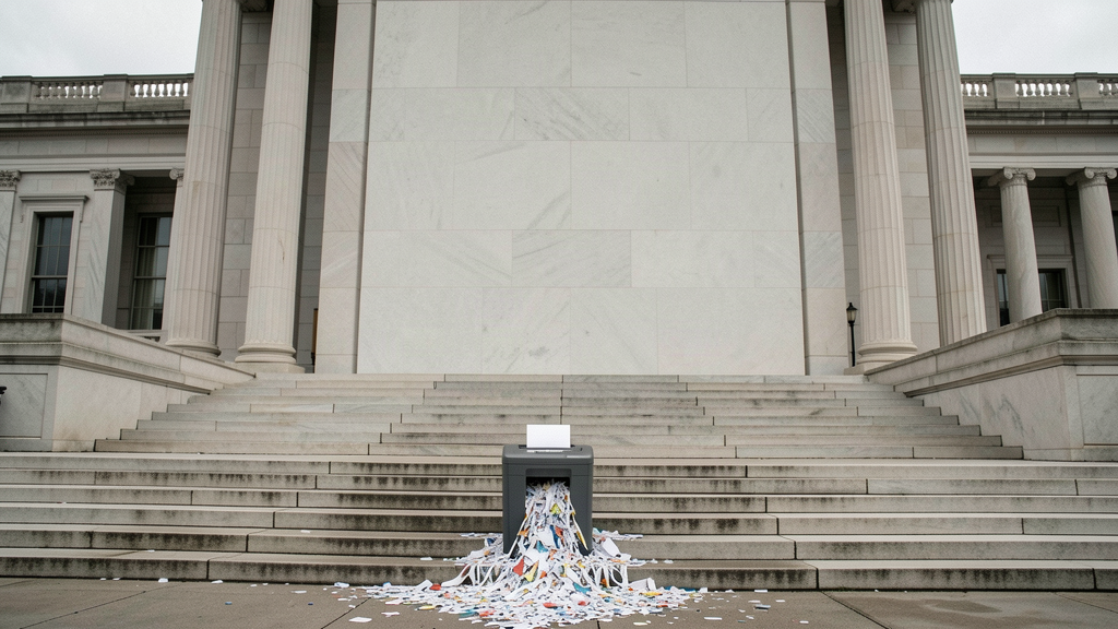 A government building with a blank facade and a paper shredder in the foreground