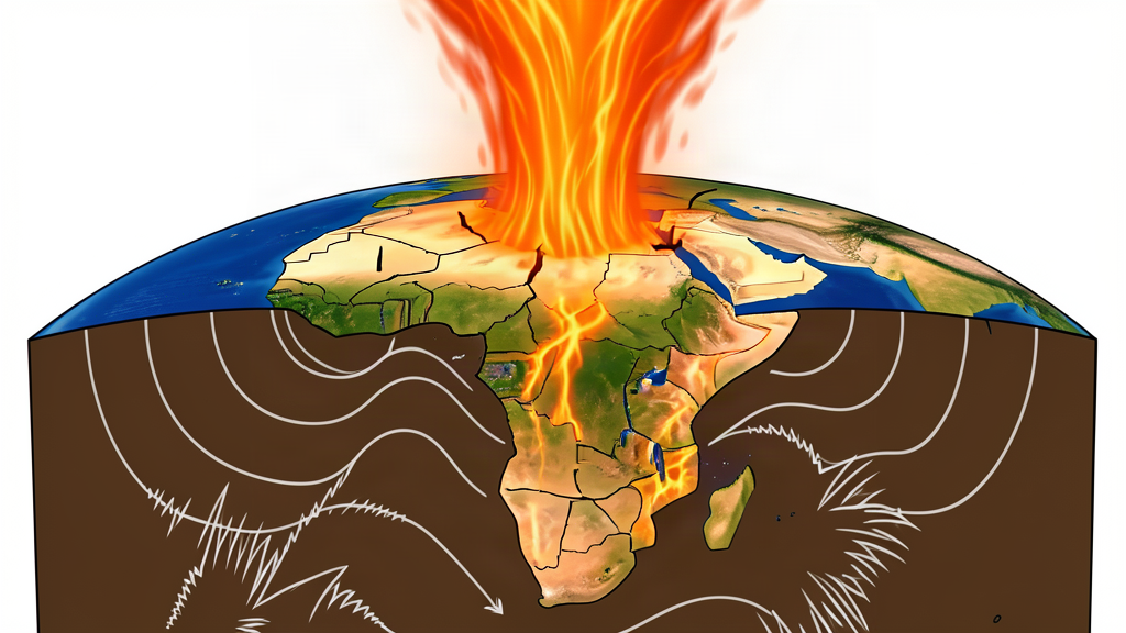A cross-section of the Earth showing a plume of hot mantle rock pushing up under Africa, cracking the continent
