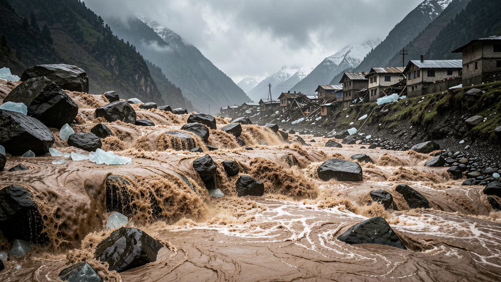 A wall of muddy water and boulders sweeping down a Himalayan river valley