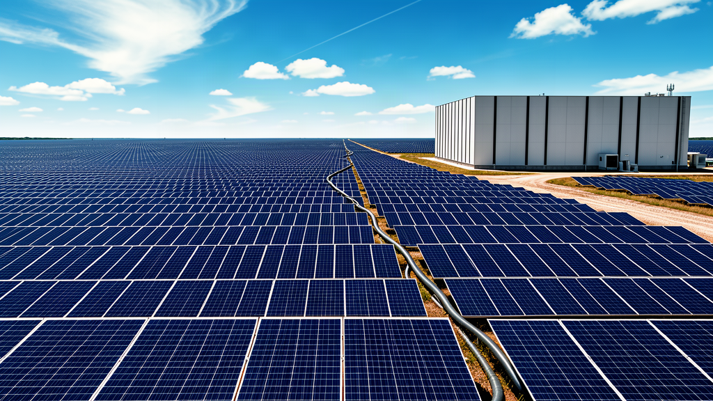 A vast field of solar panels stretching to the horizon with a large data center building at the edge