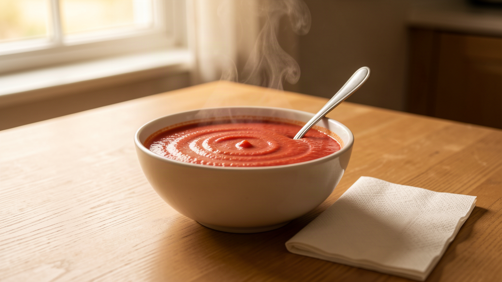 A steaming bowl of red tomato bisque on a kitchen table with a spoon and a napkin